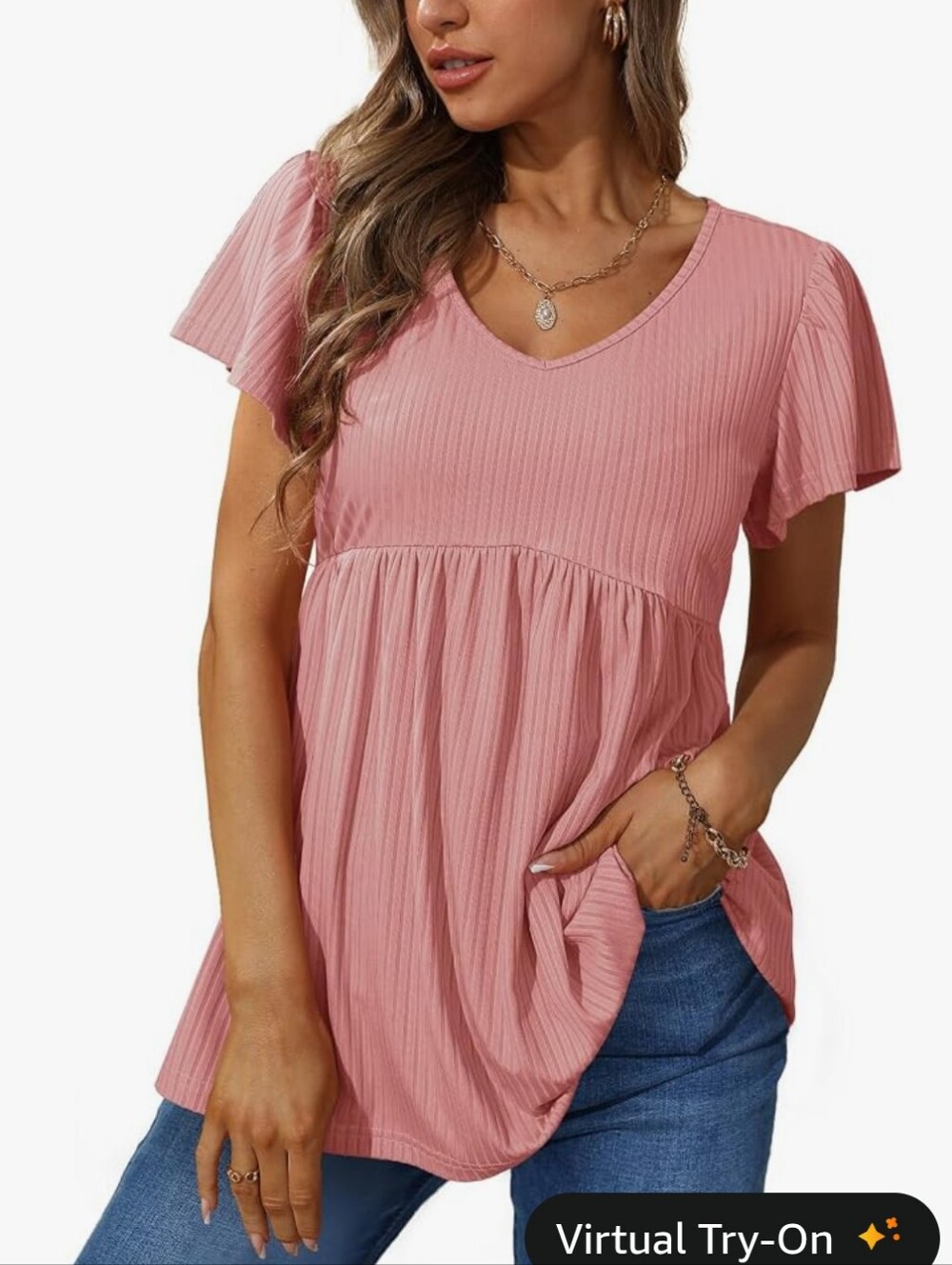 Ribbed V-Neck Babydoll Tunic Top - Rose Pink